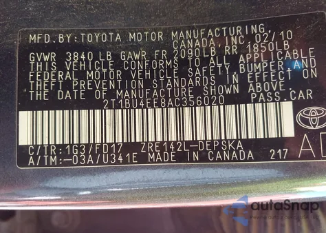 2010 Toyota Corolla S из США, поврежденный, VIN 2T1BU4EE8AC356020